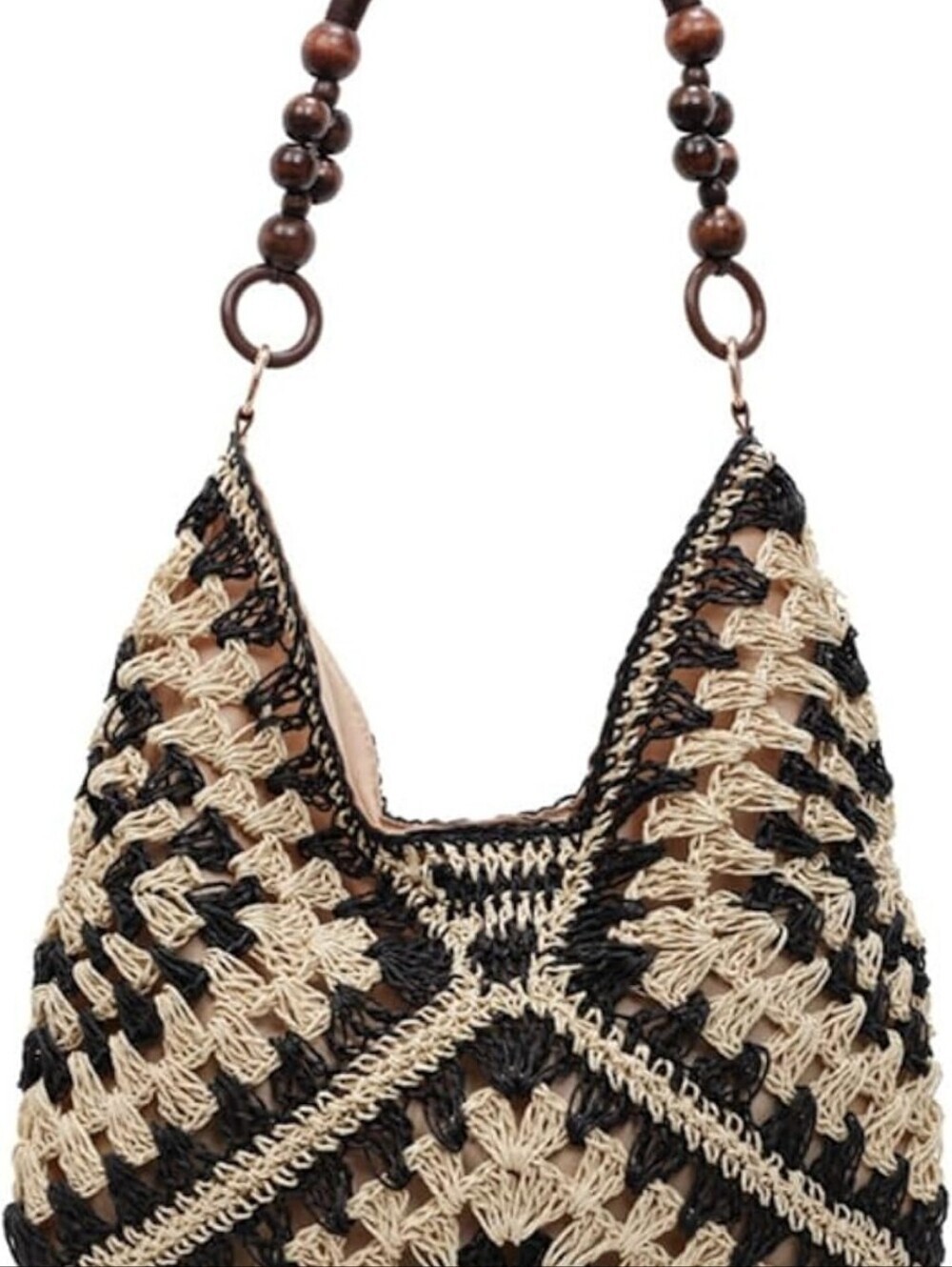 Woven Crochet Hobo Bag with Wooden Bead Handle - Black & Natural - Picture 2 of 6